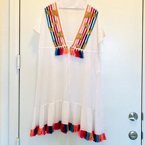 Shoshanna White Cover Up with Multicolored Tassels
